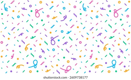 Playful seamless pattern with colorful hand drawn doodle lines and shapes. Minimalist and creative background design, perfect for kids, party themes, or fun modern projects.