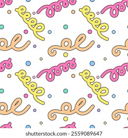 Playful seamless pattern with colorful spirals, swirls, and confetti dots on a white background, ideal for designs.