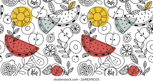 A playful seamless pattern combining black line art of summer fruits with modern color pops. This contemporary design features watermelon, pineapple, and pomegranates in a fresh, stylish doodle