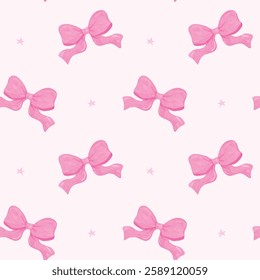 Playful Seamless Pattern Coquette pink ribbon bow wallpaper watercolor Hand Painted