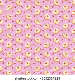 Patrón inconsútil juguetón de rosquillas rellenas de crema coronadas con cerezas sobre fondo rosado colorido