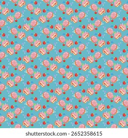 Playful seamless pattern of cream-filled donuts topped with strawberries on blue colorful background