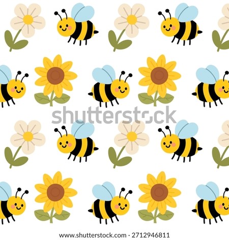 Playful seamless pattern with cute bees, sunflowers, and white flowers. Cheerful spring and summer design ideal for kids products, fabric, packaging, and stationery.