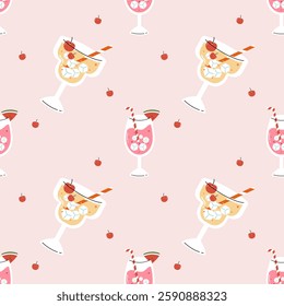 Playful seamless pattern of cute cocktails on a pastel pink background, ideal for summer themed designs for fabric.