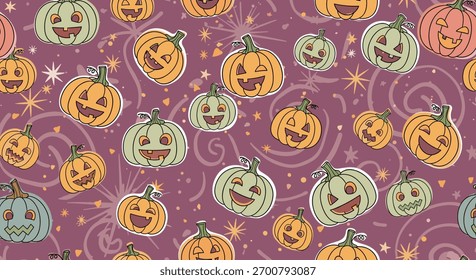 Playful seamless pattern with cute, colorful jack-o'-lanterns and festive starbursts on a purple background, ideal for Halloween celebrations.