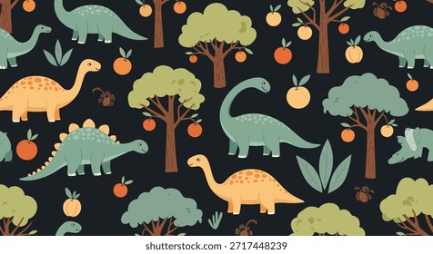 Patrón sin fisuras juguetón con lindos dinosaurios y naranjos árboles frutales esparcidos a través de un fondo de carbón oscuro para habitaciones de niños.