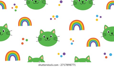 Spielerisches, nahtloses Muster mit süßen, grünen Katzengesichtern und bunten Regenbögen auf weißem Hintergrund, perfekt für skurrile und lustige Kinderdesigns.