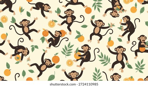 Patrón sin fisuras juguetón con monos lindos que se balancean a través de las ramas y que comen naranjas frescas en la selva.