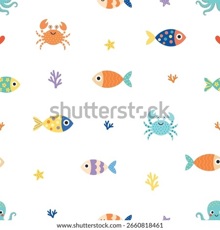 Playful seamless pattern with cute sea animals like fish, crabs, and octopus. Perfect for children's products, summer themes, fabrics, and digital design projects


