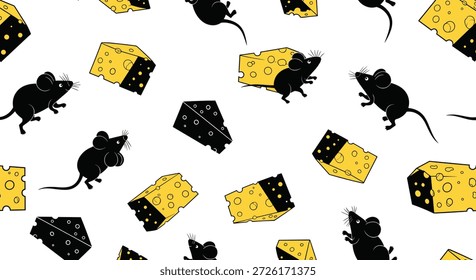 Padrão lúdico sem emenda exibe ratos pretos correndo entre cunhas de queijo suíço amarelo em um fundo branco limpo.