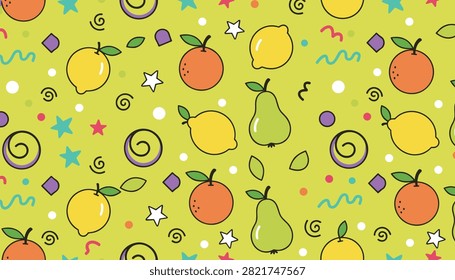Playful seamless pattern features cute hand-drawn lemons, oranges, pears, and stars on a bright chartreuse background.
