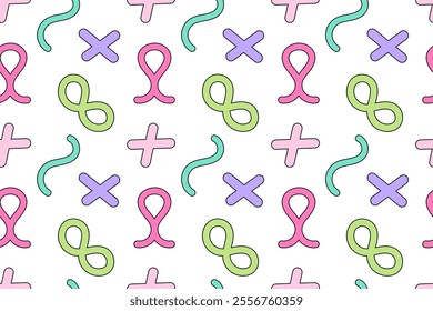 Playful seamless pattern featuring abstract symbols such as loops, crosses, and wavy lines in pastel colors on white.