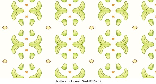 Playful seamless pattern featuring abstract green fruit shapes with symmetrical arrangement and subtle dotted accents, ideal for quirky backgrounds or textile prints.