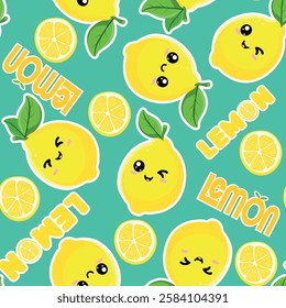 Playful seamless pattern featuring adorable kawaii lemons, citrus slices, and fun typography on a turquoise background. Perfect for fabrics, wallpapers, stationery, digital prints.