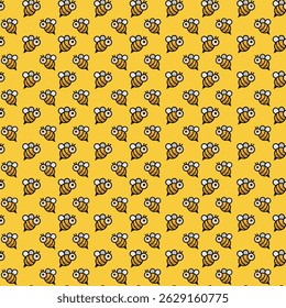 Playful seamless pattern featuring adorable cartoon bees buzzing across a vibrant yellow background. Perfect for eco-friendly designs, children’s products, stationery, packaging, and cheerful textile 