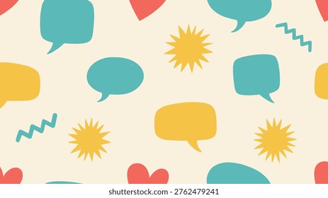 Playful seamless pattern featuring an assortment of colorful speech bubbles, charming hearts, and whimsical abstract shapes in a lively palette on a light background.
