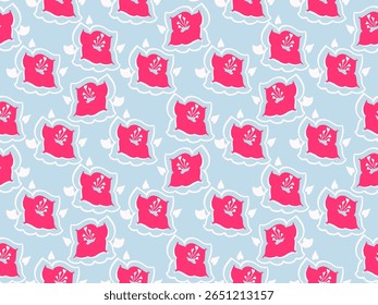 Playful seamless pattern featuring bold pink flowers with stylized outlines on a light blue background. Plain abstract  print for kids products, textiles, stationery, or cheerful home decor designs.