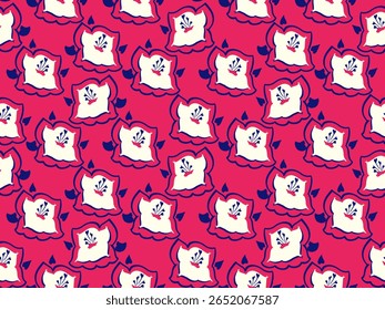 Playful seamless pattern featuring bold flowers with stylized outlines on a bright red background. Print for kids products, textiles, stationery, or cheerful home decor designs.