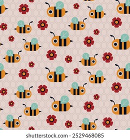 A playful seamless pattern featuring bright yellow bees, surrounded by red flowers on a light beige background with honeycomb elements. Perfect for bee-themed projects.