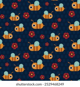 A playful seamless pattern featuring bright yellow bees, surrounded by red flowers on a dark blue background with honeycomb elements. Perfect for bee-themed projects.