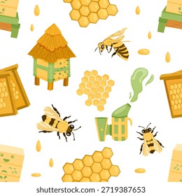 Patrón sin fisuras juguetón con abejas zumbantes, colmenas tradicionales, panales y gotitas de miel dorada. Perfecto para embalaje temático apícola, diseño textil o productos para niños.