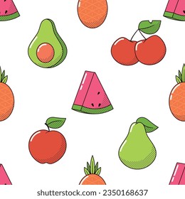 Patrón Impecable Con Frutos De Caricatura De Estilo Retro. Apple, Pear, Watermelón Slice Y Piña, Cerezas