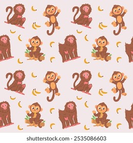 Playful seamless pattern featuring cartoon monkeys and bananas, perfect for children designs, textiles.