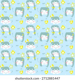 Un patrón divertido sin fisuras con caras de niña de estilo de dibujos animados con varios peinados y expresiones sobre un fondo azul pastel. Rodeado de flores amarillas, puntos blancos y líneas onduladas,