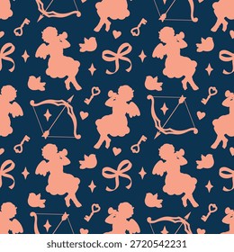 A playful seamless pattern featuring cheerful Cupid silhouettes and bows. A lighthearted and romantic vector background for love-themed designs.