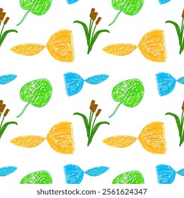 Playful seamless pattern featuring colorful fish, green lily pads, and cattails in a whimsical hand-drawn style.