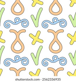 Playful seamless pattern featuring colorful loops, checkmarks, X shapes, and swirls in a vibrant design. Perfect for textiles, wallpapers, and creative projects.