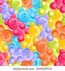 playful seamless pattern featuring colorful jelly bears in various vibrant shades. These adorable gummy candies are arranged beautifully, creating a cheerful and whimsical design perfect for packaging