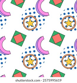 Playful seamless pattern featuring colorful geometric shapes, including stars, crescent moons, and dotted accents.