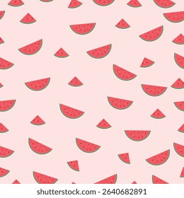 Playful seamless pattern featuring colorful watermelon slices in various cuts scattered over a soft pink background. Perfect for textile prints, wrapping, packaging, and summer-themed designs