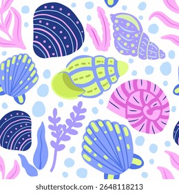 Playful seamless pattern featuring colorful seashells, seaweed, and dots in pastel tones. Perfect for summer designs, kids products, fabric, wrapping paper, and beach-themed projects.