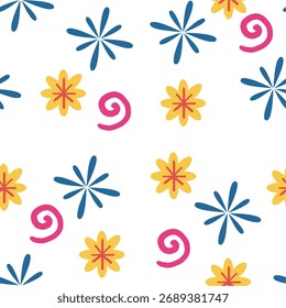 Playful seamless pattern featuring colorful flowers and spirals. Perfect for modern textile design, wrapping paper, digital backgrounds, stationery, and festive decorative art.