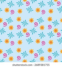 Spielerisches, nahtloses Muster mit bunten Blumen und Spiralen. Perfekt für modernes Textildesign, Packpapier, digitale Hintergründe, Schreibwaren und festliche dekorative Kunst.