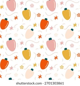 Playful seamless pattern featuring colorful lanterns and abstract festive elements in soft pastel tones. Ideal for fabric, wallpaper, or wrapping paper.