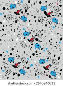 Playful seamless pattern featuring cute cartoon whales, sailboats, and geometric shapes on a light background