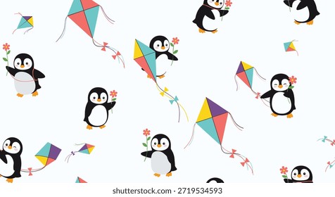 Verspieltes, nahtloses Muster mit süßen Pinguinen mit Blumen und bunten Drachen, die am Himmel auf sauberem, weißem Hintergrund fliegen.