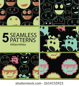 A playful seamless pattern featuring cyber smileys, retro emoticons, and sticker-style Y2K chaos for nostalgic, expressive digital art.