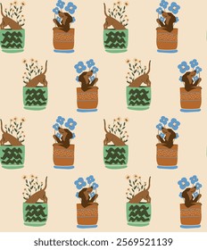 Playful seamless pattern featuring dachshund dogs interacting with potted plants and flowers. Whimsical design perfect for kids’ textiles, stationery, or decorative items.