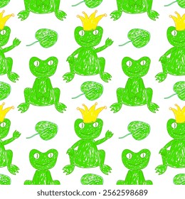 Playful seamless pattern featuring green frogs, some wearing crowns, with lily pads on a white background.