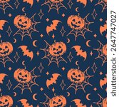 Playful seamless pattern featuring grinning jack-o’-lanterns. Ideal for Halloween-themed textiles, wallpapers, or festive DIY projects in retro or modern styles
