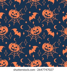 Playful seamless pattern featuring grinning jack-o’-lanterns. Ideal for Halloween-themed textiles, wallpapers, or festive DIY projects in retro or modern styles