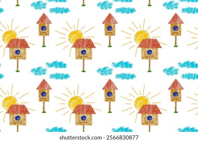 Playful seamless pattern featuring hand-drawn birdhouses with red roofs, fluffy clouds, and bright yellow suns on white.