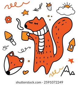 A playful seamless pattern featuring hand-drawn foxes in doodle style. This cute and whimsical design showcases adorable woodland foxes in a simplistic, cartoon-like manner, perfect for children's 