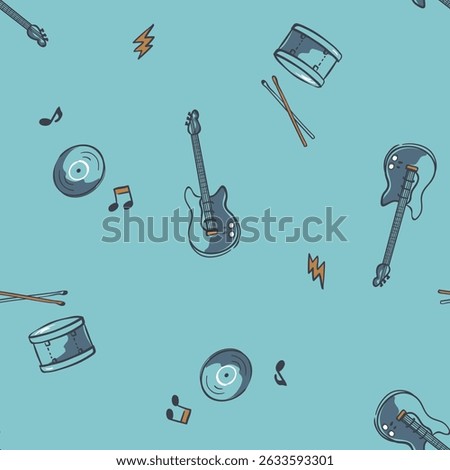 Playful seamless pattern featuring hand-drawn musical instruments like guitars, drums, vinyl records, and music notes scattered across a soft blue background