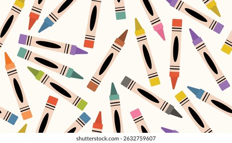 Padrão lúdico sem emenda com lápis de cera pastel espalhados em um layout confuso e aleatório. Estilo de desenho animado. Perfeito para produtos infantis. Arte, artesanato e material escolar.