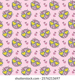 Playful seamless pattern featuring pink disco balls with yellow heart-shaped sunglasses and scattered hearts on a soft pink background